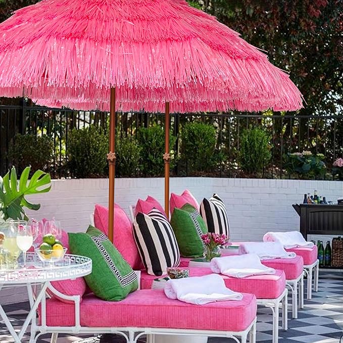 AMMSUN 7.5ft Hula Thatched Tiki Patio Beach Umbrella Hawaiian Style 10 Ribs UPF 50+ with Tilt Carry Bag for Outdoor Tiki Bar, Tropical Palapa, Patio Garden Beach Pool Backyard Pink