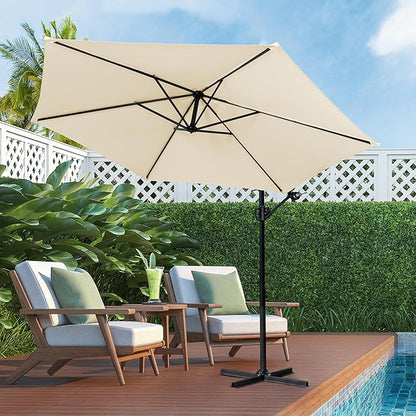 Shintenchi Patio Offset Umbrella with Easy Tilt Adjustment,Crank and Cross Base, Outdoor Cantilever Hanging Umbrella, Sunshade Umbrella Canopy, Cream White