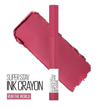Maybelline Super Stay Ink Crayon Lipstick Makeup, Precision Tip Matte Lip Crayon with Built-in Sharpener, Longwear Up To 8Hrs, Run The World, Magenta Pink, 1 Count