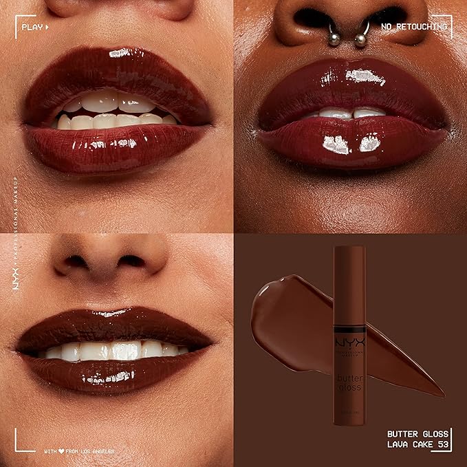 NYX PROFESSIONAL MAKEUP Butter Gloss Brown Sugar, Non-Sticky Lip Gloss - Lava Cake (Rich Brown) (Pack of 2)