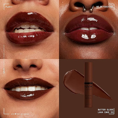 NYX PROFESSIONAL MAKEUP Butter Gloss Brown Sugar, Non-Sticky Lip Gloss - Lava Cake (Rich Brown) (Pack of 2)