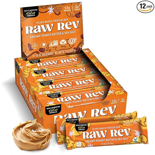 Raw Rev Vegan Protein Bars- Creamy Peanut Butter & Sea Salt, 12 bars, Non-GMO, Plastic-Neutral, Nothing Artificial, Glo Formula, Gluten-Free, Keto-Friendly, Paleo, Kosher, Soy-Free, No Sugar Alcohols, No Stevia.