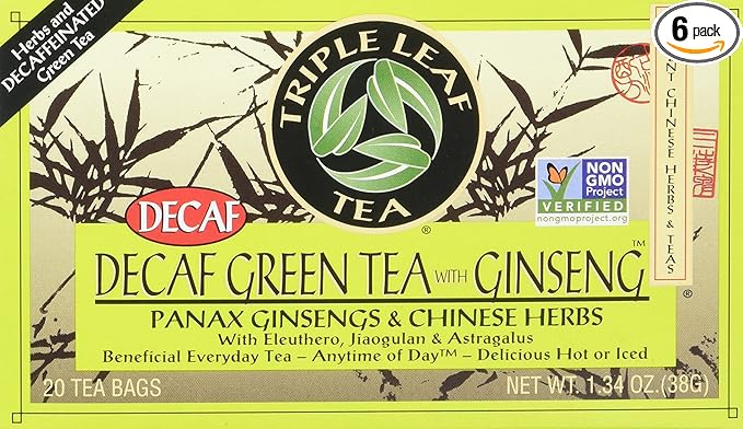 Triple Leaf Tea, Decaf Green Tea with Ginseng, 20 Tea Bags (Pack of 6)