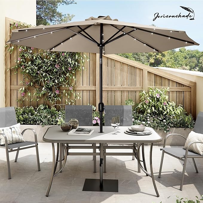 9FT LED Patio Umbrella, Solar Outdoor Umbrellas with LED Lights, Deck Umbrella with Push Button Tilt and Crank, UV Protection Waterproof for Pool, Porch, Garden, Deck, Backyard. (TAN)