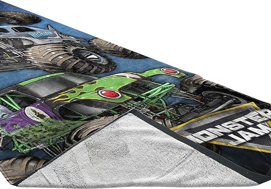 Jay Franco Monster Jam Team Up Kids Bath/Pool/Beach Towel - Features Grave Digger & Megalodon - Super Soft & Absorbent Cotton Towel, Measures 28 x 58 inches (Official Monster Jam Product)