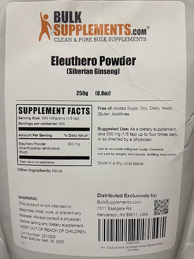 BulkSupplements.com Eleuthero Powder - Siberian Ginseng Powder, Eleutherococcus senticosus, Ginseng Herbal Supplements, Gluten Free, 500mg of per Serving, 250g (8.8 oz) (Pack of 1)