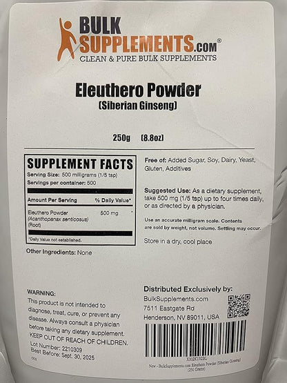 BulkSupplements.com Eleuthero Powder - Siberian Ginseng Powder, Eleutherococcus senticosus, Ginseng Herbal Supplements, Gluten Free, 500mg of per Serving, 250g (8.8 oz) (Pack of 1)