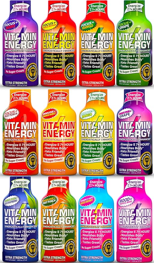Vitamin Energy Extra Strength Daily Energy Shot – Variety Pack – 260mg Caffeine, B-Vitamins, Vitamin D, Rhodiola – Mood, Focus, Strength, Immunity – Zero Sugar, Vegan, Kosher – 1.93 fl oz, 12-Pack