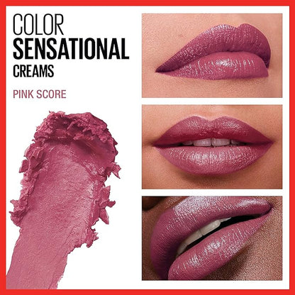 Maybelline Color Sensational Lipstick, Lip Makeup, Cream Finish, Hydrating Lipstick, Nude, Pink, Red, Plum Lip Color, Pink Score, 0.15 oz; (Packaging May Vary)