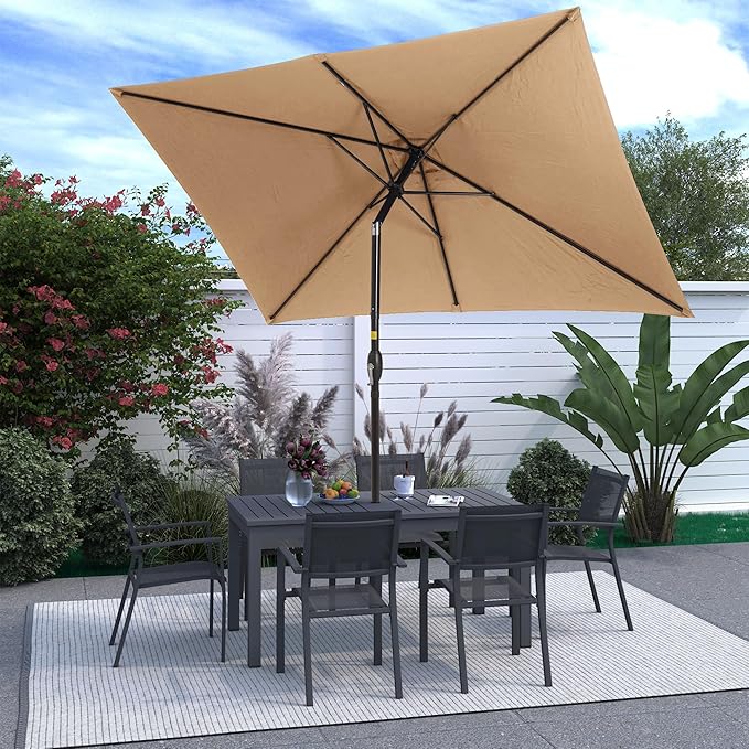 SUNVIVI OUTDOOR Patio Umbrella, 6.5' x 10' Rectangular Patio Umbrella, Metal Pole Square Outdoor Umbrella with Crank and Push Button Tilt, 6 Steel Ribs, Polyester Canopy