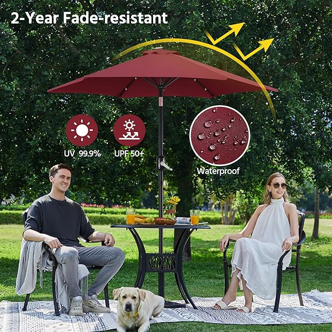 Yaheetech 7.5 ft Solar Patio Umbrella Outdoor Market Table Umbrella w/Push Button Tilt & Crank and UV Protection for Garden, Deck, Backyard, Pool and Beach, Burgungy