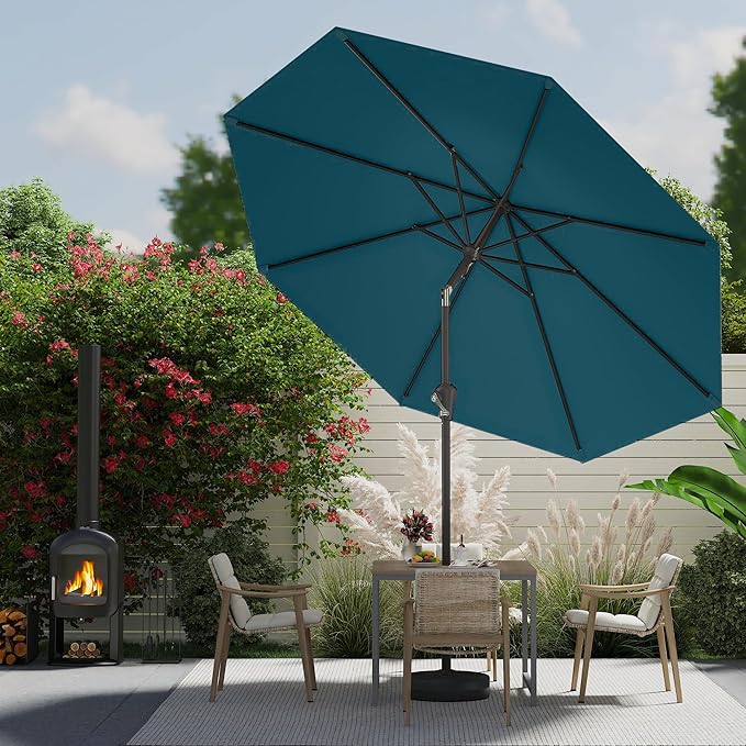 9 FT Patio Umbrella for Outdoor, Outdoor Umbrella with Push Button Tilt and Crank, Outdoor Patio Umbrellas with 8 Sturdy Ribs for Market, Garden, Deck, Backyard, Pool (Lake Blue)