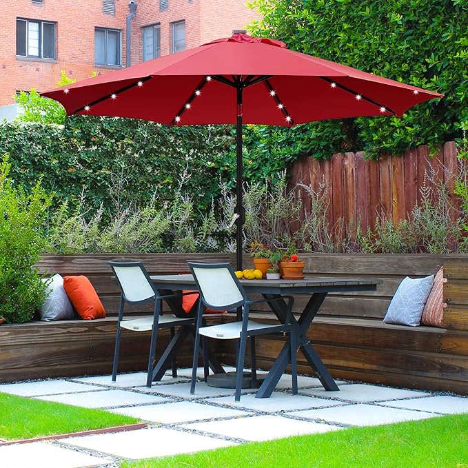 Yaheetech 9FT Solar Powered Patio Umbrella - UV Protection Market Table Umbrella w/ 32 LED Lights & Push Button Tilt & Crank Lift System for Garden/Lawn/Deck/Backyard/Pool,Red