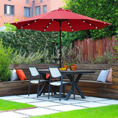 Yaheetech 9FT Solar Powered Patio Umbrella - UV Protection Market Table Umbrella w/ 32 LED Lights & Push Button Tilt & Crank Lift System for Garden/Lawn/Deck/Backyard/Pool,Red
