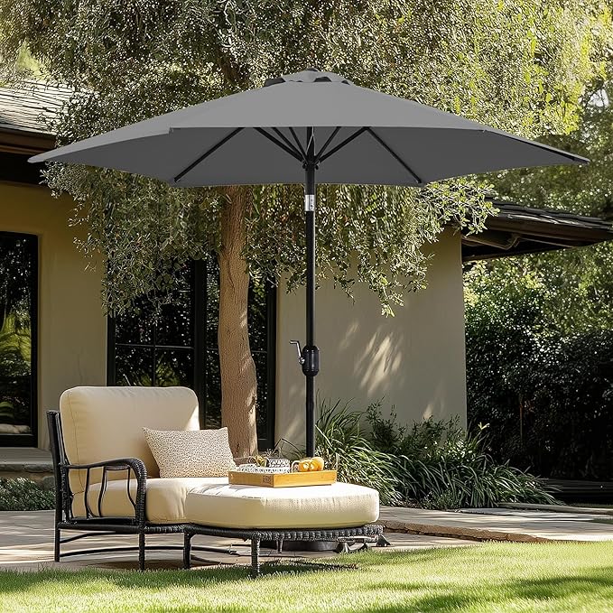Yaheetech Patio Umbrella, 9FT Outdoor Table Market Umbrella with Push Button Tilt and Crank, Yard Sun Shade with Sturdy Ribs for Garden, Deck, Backyard, Pool, Gray