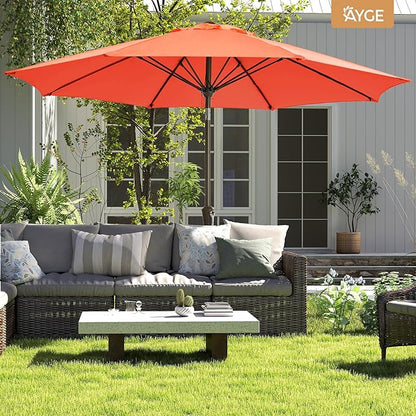 Ayge 9FT Large Outdoor Patio Umbrella Market Table Umbrella-UV Resistant, Easy Push Button Tilt and Crank, 8 Sturdy Fiberglass Ribs Heavy-Duty Pool Umbrella for Deck, Backyard,Garden