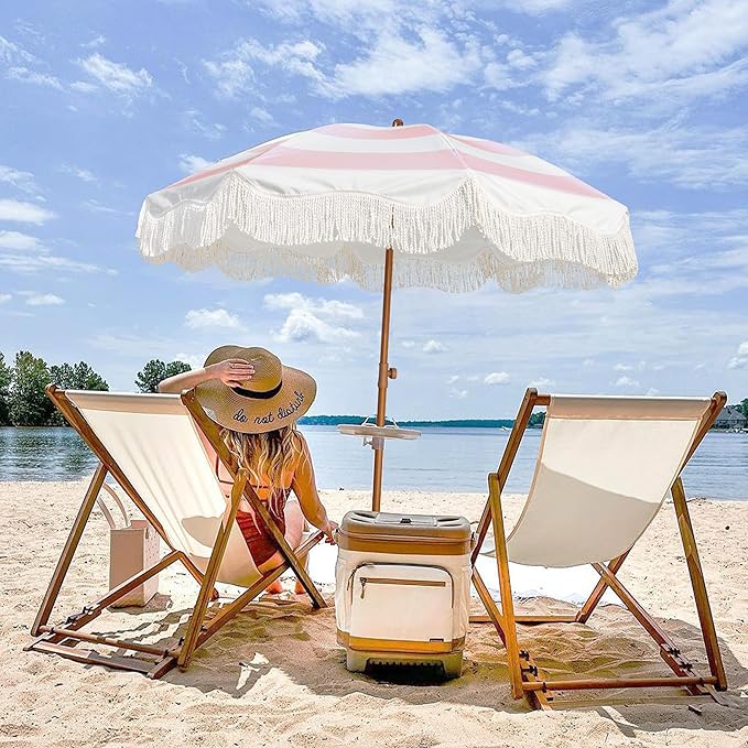 AMMSUN Boho Fringe Umbrella Outdoor Patio, 6.5ft UPF50+ Picnic Umbrella with Tassels with Steel Pole and Push Button Tilt, Pink Stripes