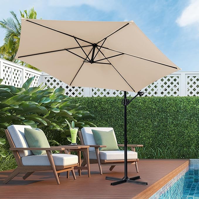 Shintenchi Patio Offset Umbrella with Easy Tilt Adjustment, Crank and Cross Base, Outdoor Cantilever Hanging Umbrella, Sunshade Canopy, Khaki