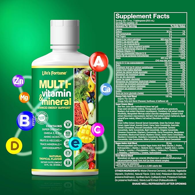 Life's Fortune Liquid Multivitamin, Tropical Flavor, Sugar Free, 32 oz – High Absorption Daily Vitamins for Adults Men & Women, Teens – Trace Minerals, Amino Acids, with Biotin, L-Arginine, Potassium