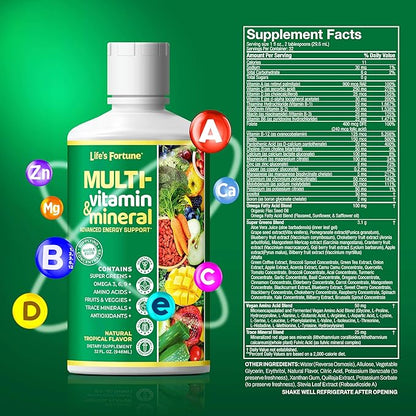 Life's Fortune Liquid Multivitamin, Tropical Flavor, Sugar Free, 32 oz – High Absorption Daily Vitamins for Adults Men & Women, Teens – Trace Minerals, Amino Acids, with Biotin, L-Arginine, Potassium