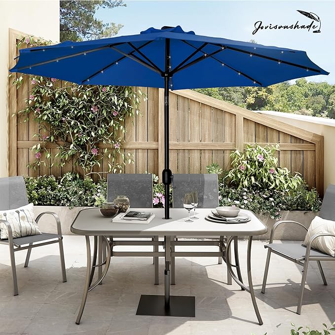 9FT LED Patio Umbrella, Solar Outdoor Umbrellas with LED Lights, Deck Umbrella with Push Button Tilt and Crank, UV Protection Waterproof for Pool, Porch, Garden, Deck, Backyard. (Royal Blue)