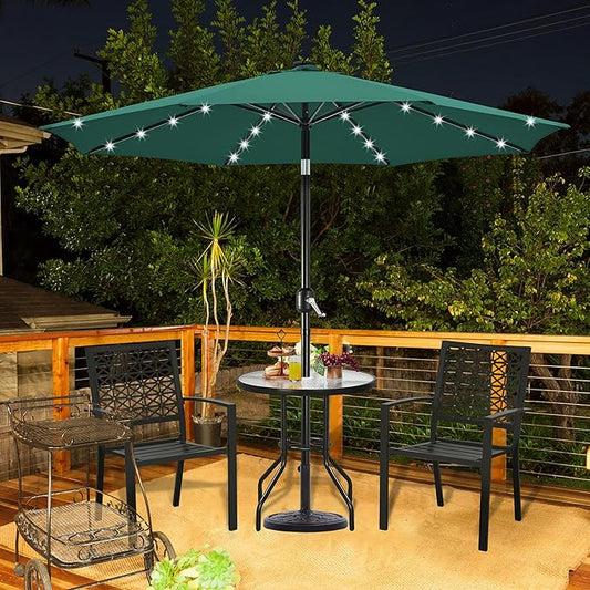 Yaheetech 10FT LED Lighted Patio Umbrella, Outdoor Solar Table Umbrella with 8 Ribs/Tilt Adjustment and Crank Lift System for Garden/Deck/Pool, Dark Green
