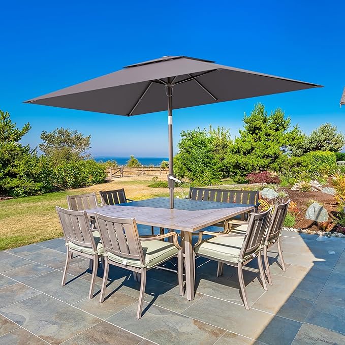 6.6x10ft Rectangular Patio Umbrella, 2 Tiers Outdoor Table Umbrellas with Push Button Tilt and Crank for Patio, Pool, Backyard, Deck, Picnic, Yard (Grey)