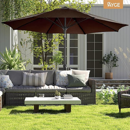 Ayge 9FT Large Outdoor Patio Umbrella Market Table Umbrella-UV Resistant, Easy Push Button Tilt and Crank, 8 Sturdy Fiberglass Ribs Heavy-Duty Pool Umbrella for Deck, Backyard,Garden