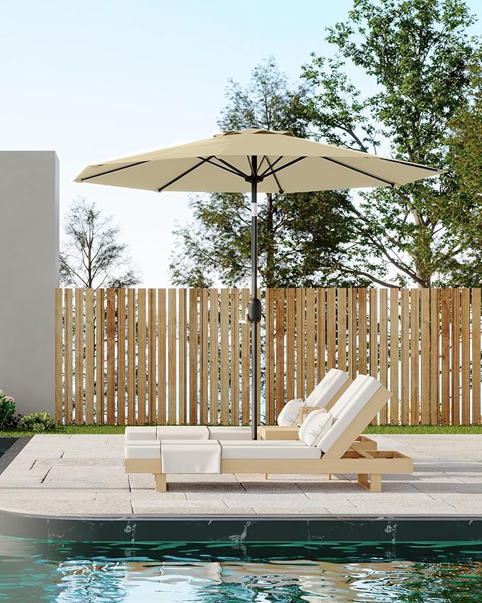9FT Patio Umbrella Outdoor, Market Umbrella, Table Umbrella with Push Button Tilt and Crank, 8 Sturdy Ribs UV Protection Waterproof for Garden, Pool, Deck, Backyard (Beige)