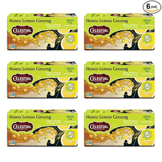 Celestial Seasonings Honey Lemon Ginseng Green Tea, Caffeinated, 20 Tea Bags Box (Pack of 6)