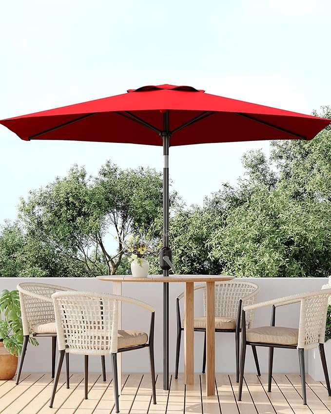 7.5FT Patio Umbrella Outdoor, Market Umbrella, Table Umbrella with Push Button Tilt and Crank, 6 Sturdy Ribs UV Protection Waterproof for Garden, Pool, Deck, Backyard (Red)