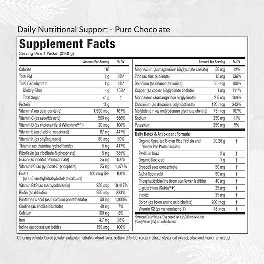 Equilife - Daily Nutritional Support, Organic and Plant Based Protein Powder, All-in-one Multivitamin, Boost Energy and Mood, Gut-Cleansing Aid and Skin Health (Pure Chocolate,14 Servings Packets)