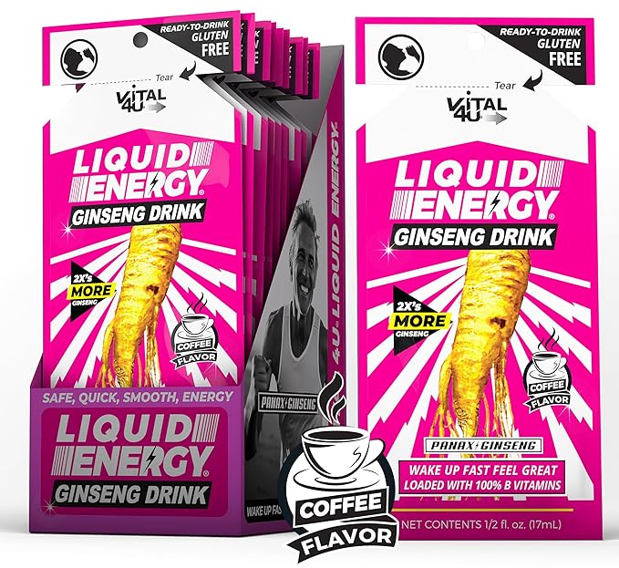 Vital 4U® Liquid Energy Shot - Ginseng, B Vitamins, Naturally Sweetened, Coffee Flavor, 24 ct