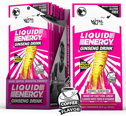 Vital 4U® Liquid Energy Shot - Ginseng, B Vitamins, Naturally Sweetened, Coffee Flavor, 24 ct