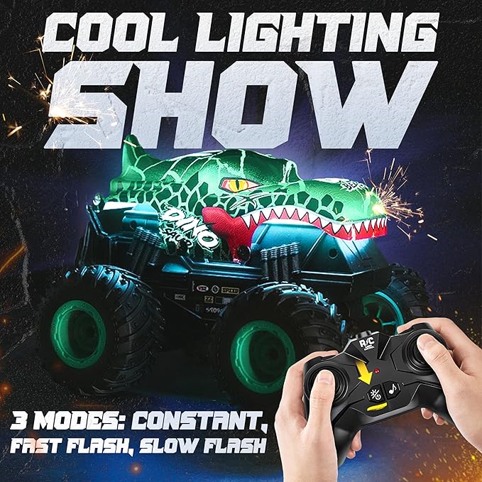 BEZGAR Monster Truck Toys - Remote Control Monster Truck with Light & Music, Dinosaur Toys for Kids, 1:20 Scale RC Truck with 360° Spins and Drifting, Remote Control Car for Boys 4-7