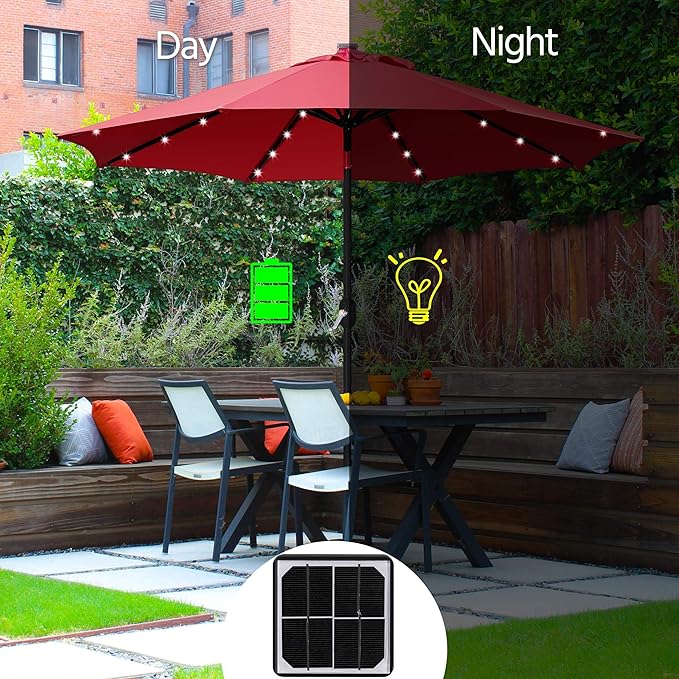 Yaheetech 9FT Solar Powered Patio Umbrella - UV Protection Market Table Umbrella w/ 32 LED Lights & Push Button Tilt & Crank Lift System for Garden/Lawn/Deck/Backyard/Pool,Red