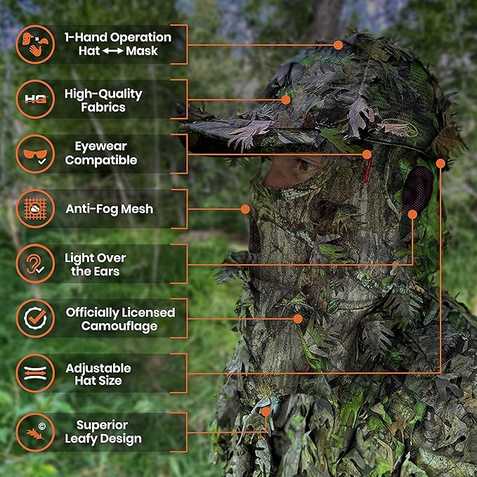 QuikCamo Lightweight 3D Leafy Camo Face Mask & Hat for Hunting, OSFM Adjustable Camouflage Hat, Mossy Oak & Realtree