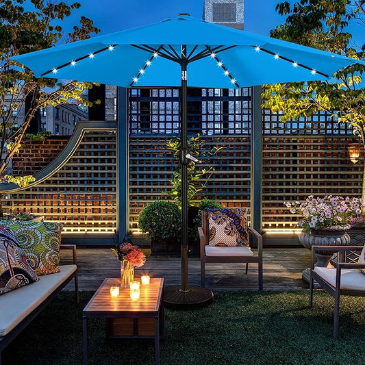 Yaheetech 11FT Solar Powered Umbrella Outdoor Patio Umbrella with 32 LED Lights and 8 Ribs - UV Protection Table Sunshade for Pool, Deck, Yard, Sky Blue