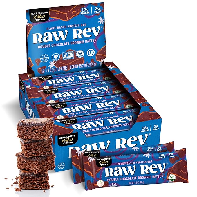 Raw Rev Vegan Protein Bars- Double Chocolate Brownie Batter, 12 bars, Non-GMO, Plastic-Neutral, Nothing Artificial, Glo Formula, Gluten-Free, Keto-Friendly, Paleo, Kosher, No Sugar Alcohols, No Stevia.
