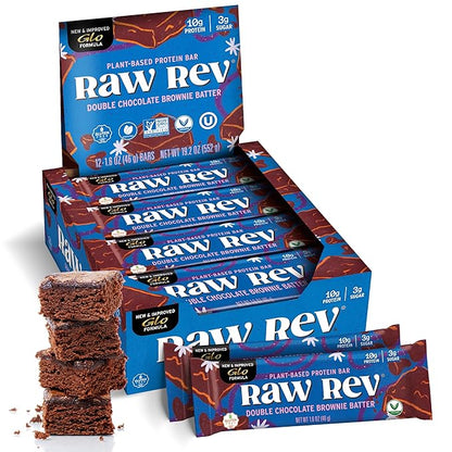 Raw Rev Vegan Protein Bars- Double Chocolate Brownie Batter, 12 bars, Non-GMO, Plastic-Neutral, Nothing Artificial, Glo Formula, Gluten-Free, Keto-Friendly, Paleo, Kosher, No Sugar Alcohols, No Stevia.