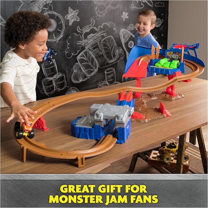 Monster Jam, Supercharge Speedway Playset, Megalodon and El Toro Loco Die-Cast Monster Trucks, Light Up World Finals Track Kids Toys for Boys Ages 3 and Up