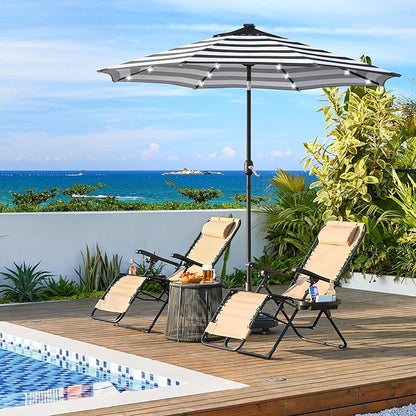 Yaheetech 9FT Solar Patio Umbrella 32 LED Lighted Table Umbrella with 8 Ribs/Tilt & Crank Lift System for Garden/Lawn/Deck/Backyard/Pool, Black/White