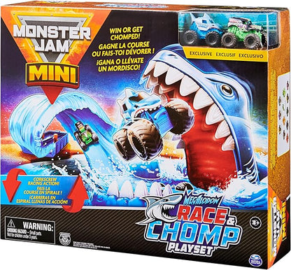Monster Jam, Mini Megalodon Race and Chomp Playset with 2 Monster Jam Mini Trucks, 1:87 Scale, Kids Toys for Boys and Girls Ages 4-6+