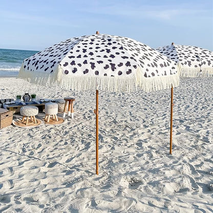 AMMSUN 7ft Patio Umbrella with Fringe Outdoor Tassel Umbrella UPF50+ Premium Steel Pole and Ribs Push Button Tilt, Cow Polka Dots