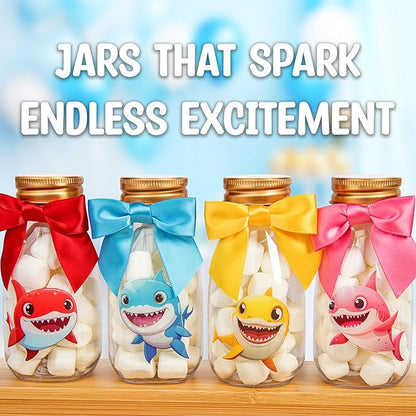 Small 12 Pack Baby Shark Party Favors - Candy Jars with Ribbons and Stickers - DIY Party Decoration Bottles for Birthday, School Classroom, and Baby Shower - Table Centerpieces for Kids