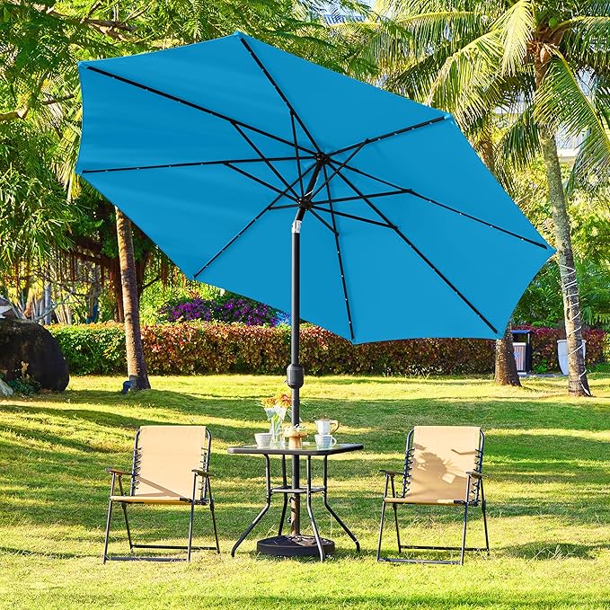 Yaheetech 11FT Solar Powered Umbrella Outdoor Patio Umbrella with 32 LED Lights and 8 Ribs - UV Protection Table Sunshade for Pool, Deck, Yard, Sky Blue