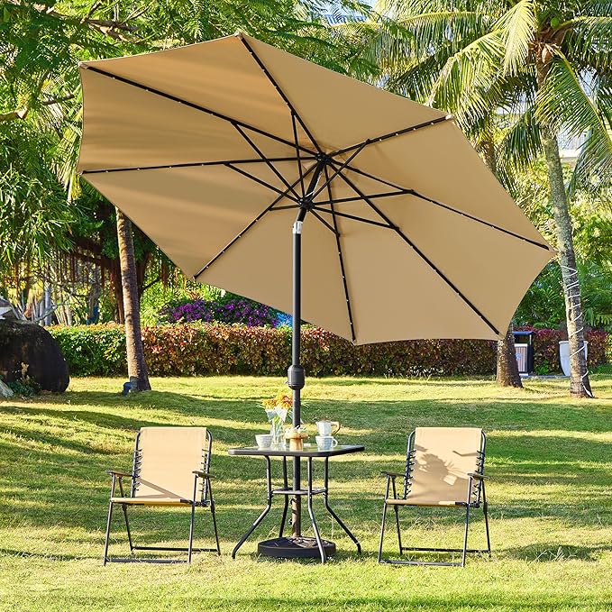 Yaheetech 11FT Solar Umbrella Lighted Patio Umbrella w/Tilt & Crank Lift System, Outdoor Market Sunshade with 32 LED Lights for Pool, Porch, Garden, Deck, Backyard, Tan