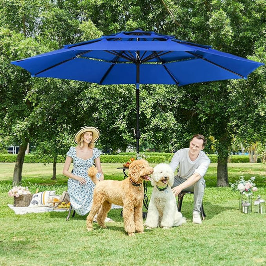 Yaheetech 3 Tier Patio Umbrella 10ft Vented Outdoor Large Market Table Umbrella with 8 Sturdy Ribs and 1.5" Umbrellla Pole, Double-layer Cloth & Push-button Tilting & Crank for Pool/Garden/Lawn Blue