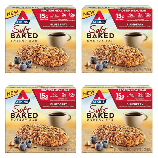 Atkins Blueberry Soft Baked & Greek Yogurt Protein Meal Bars, 15g Protein, 2-3g Sugar, High Fiber, Low Carb, 4 Packs (20 Bars) & 5 Count